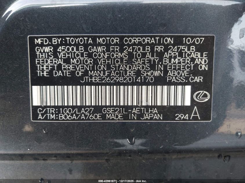 2008 Lexus Is 350 VIN: JTHBE262982014170 Lot: 43961871