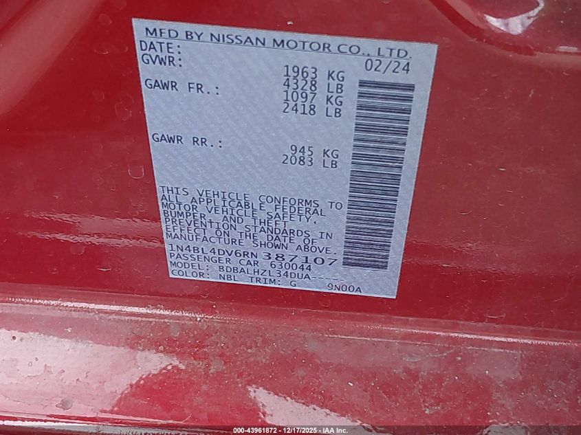 2024 Nissan Altima Sv Fwd VIN: 1N4BL4DV6RN387107 Lot: 43961872