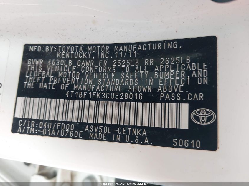 2012 Toyota Camry Le VIN: 4T1BF1FK3CU528016 Lot: 43961875