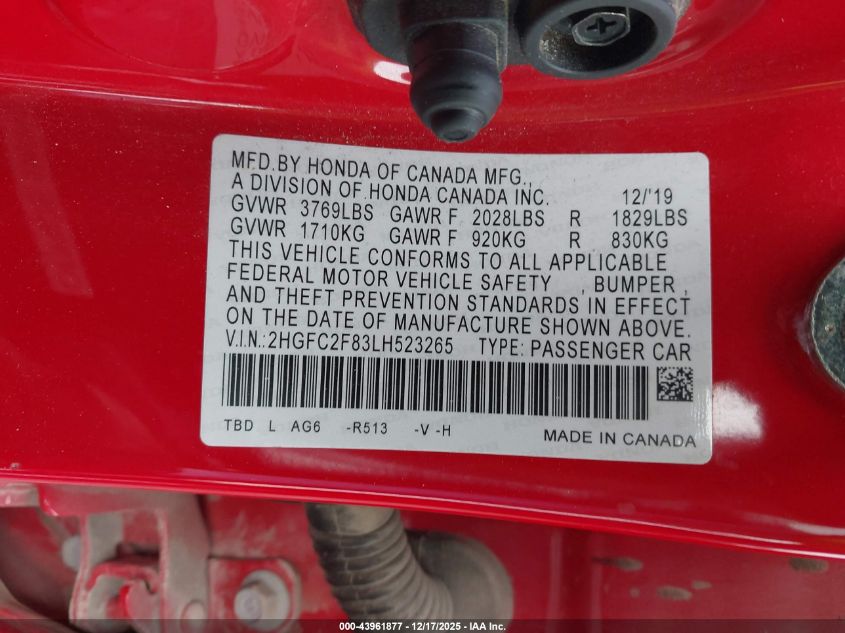 2020 Honda Civic Sport VIN: 2HGFC2F83LH523265 Lot: 43961877