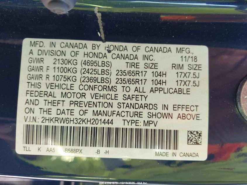 2019 Honda Cr-V Lx VIN: 2HKRW6H32KH201444 Lot: 43961879