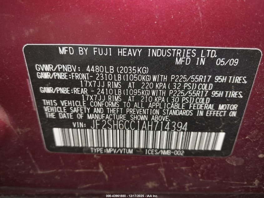 2010 Subaru Forester 2.5X Premium VIN: JF2SH6CC1AH714394 Lot: 43961880