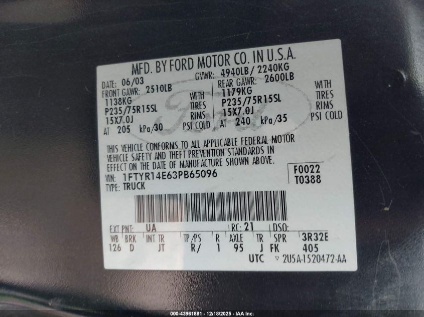 2003 Ford Ranger Edge VIN: 1FTYR14E63PB65096 Lot: 43961881