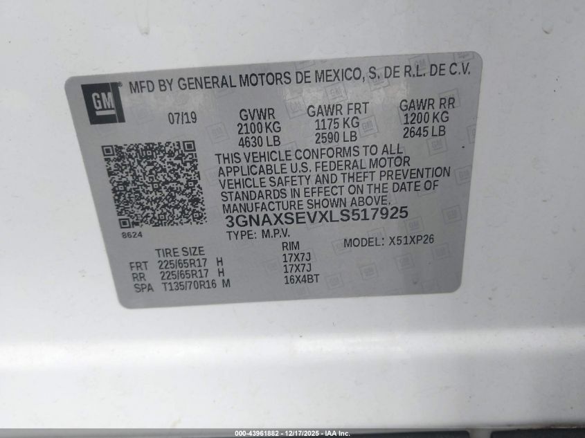 2020 Chevrolet Equinox Awd Ls VIN: 3GNAXSEVXLS517925 Lot: 43961882