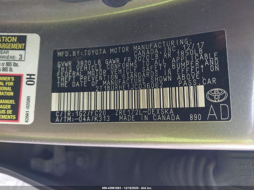 2018 Toyota Corolla Se VIN: 2T1BURHE1JC036062 Lot: 43961883