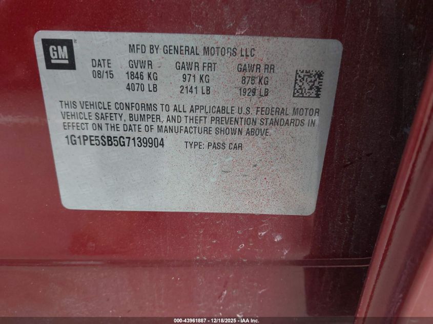 2016 Chevrolet Cruze Limited 1Lt Auto VIN: 1G1PE5SB5G7139904 Lot: 43961887