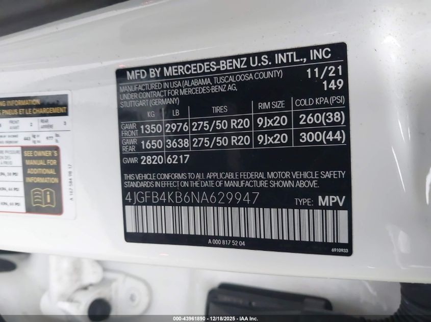 2022 Mercedes-Benz Gle 350 4Matic VIN: 4JGFB4KB6NA629947 Lot: 43961890