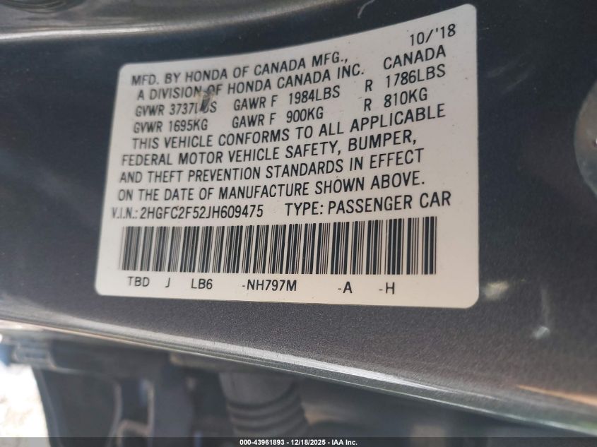 2018 Honda Civic Lx VIN: 2HGFC2F52JH609475 Lot: 43961893