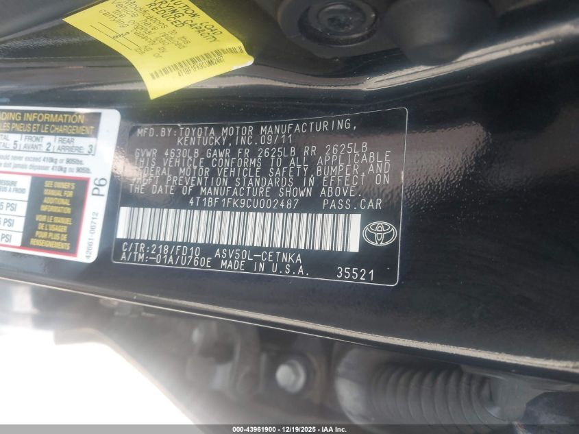 2012 Toyota Camry Le VIN: 4T1BF1FK9CU002487 Lot: 43961900