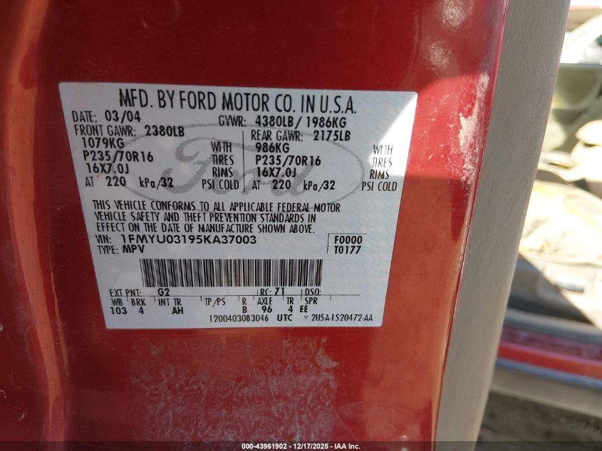 2005 Ford Escape Xlt VIN: 1FMYU03195KA37003 Lot: 43961902