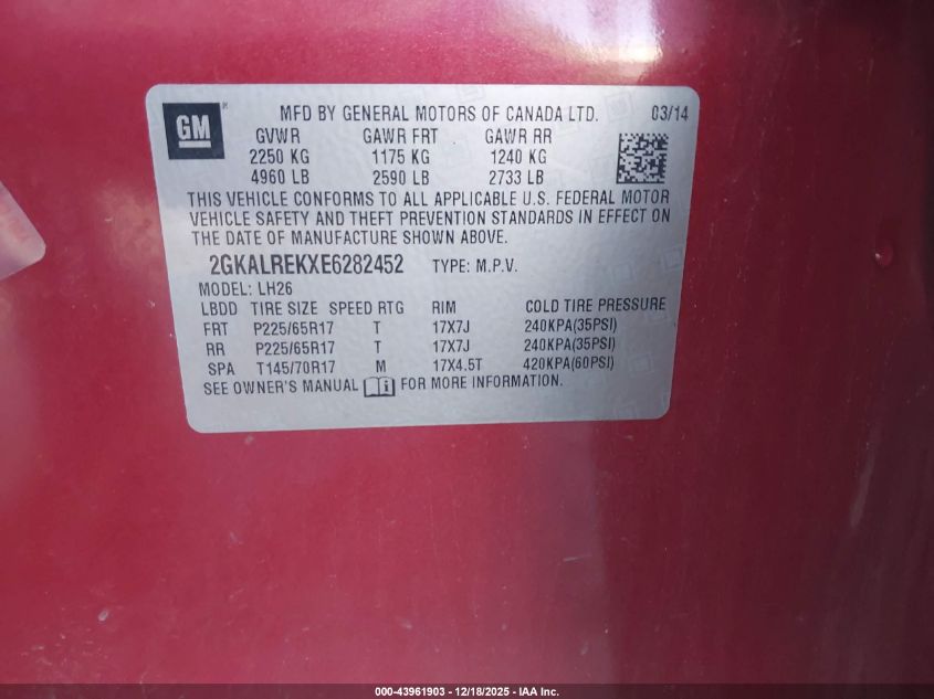 2014 GMC Terrain Sle-2 VIN: 2GKALREKXE6282452 Lot: 43961903