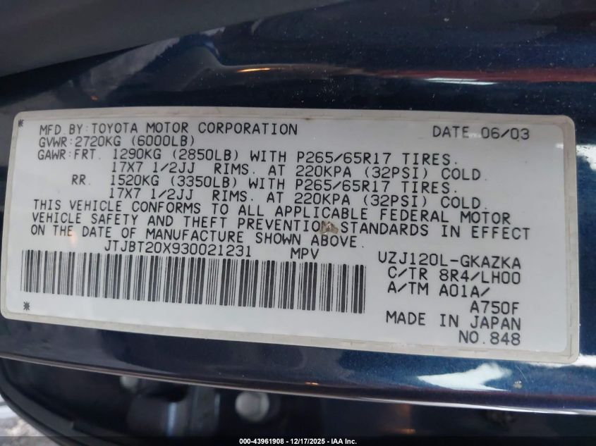 2003 Lexus Gx 470 VIN: JTJBT20X930021231 Lot: 43961908