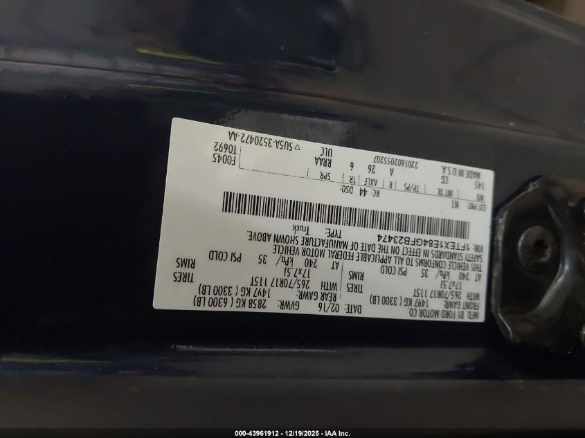 2016 Ford F-150 Xl VIN: 1FTEX1E84GFB23474 Lot: 43961912