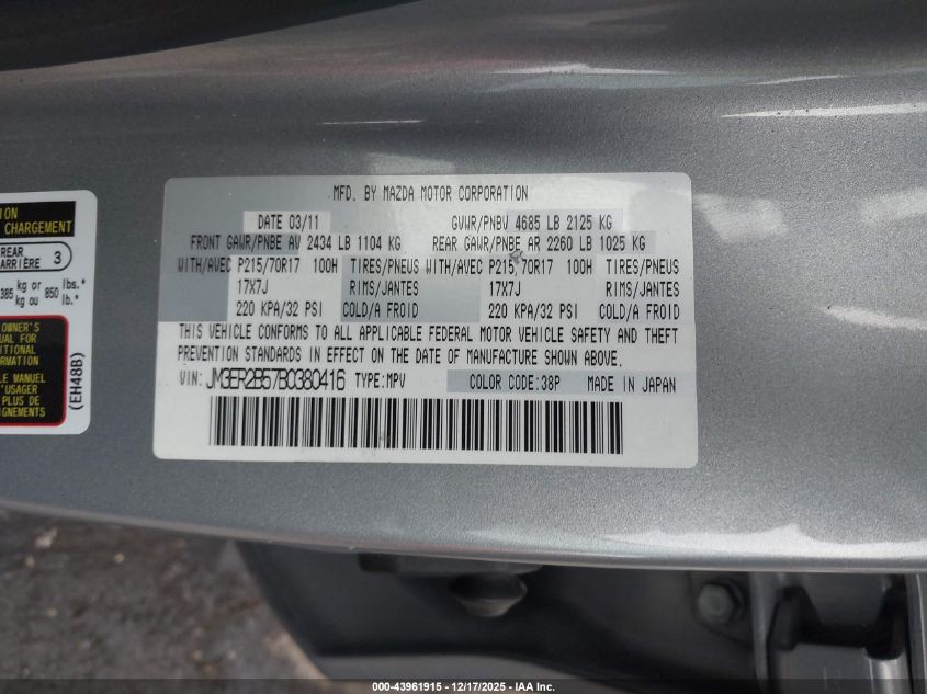 2011 Mazda Cx-7 I Sport VIN: JM3ER2B57B0380416 Lot: 43961915