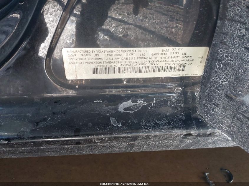 2008 Volkswagen Jetta Se/Sel VIN: 3VWRZ71K78M009287 Lot: 43961918