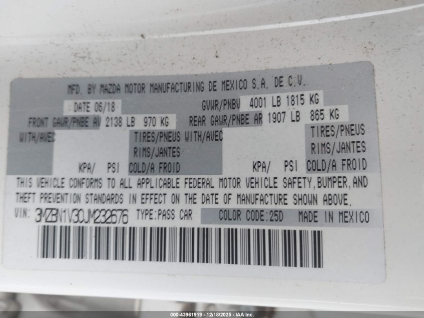 2018 Mazda Mazda3 Touring VIN: 3MZBN1V30JM232676 Lot: 43961919