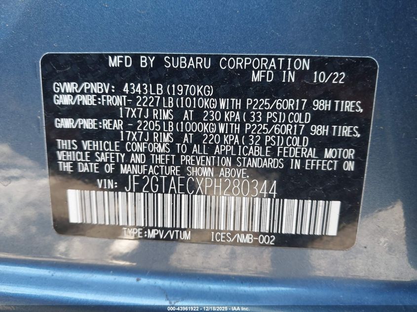 2023 Subaru Crosstrek Premium VIN: JF2GTAECXPH280344 Lot: 43961922