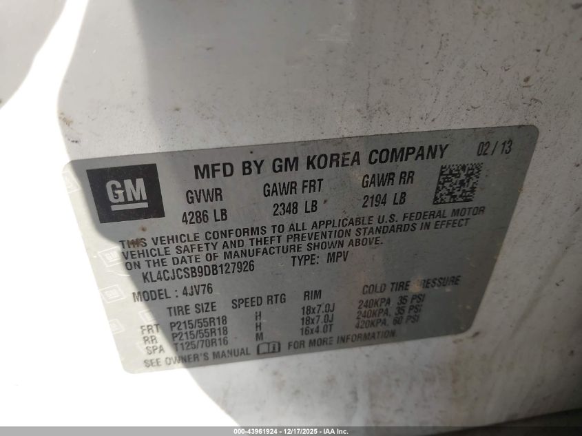 2013 Buick Encore Leather VIN: KL4CJCSB9DB127926 Lot: 43961924