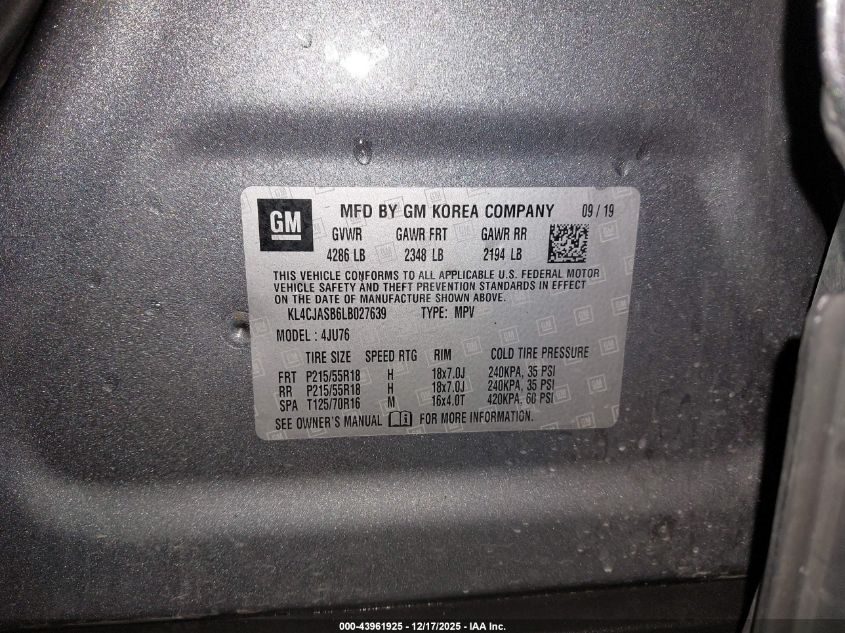 2020 Buick Encore Fwd Preferred VIN: KL4CJASB6LB027639 Lot: 43961925