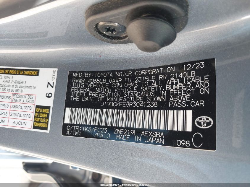 2024 Toyota Corolla Hybrid Se VIN: JTDBCMFE8R3041238 Lot: 43961927