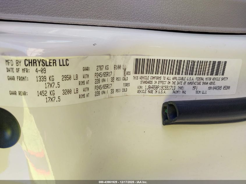 2009 Jeep Grand Cherokee Limited VIN: 1J8HR58P19C551713 Lot: 43961929