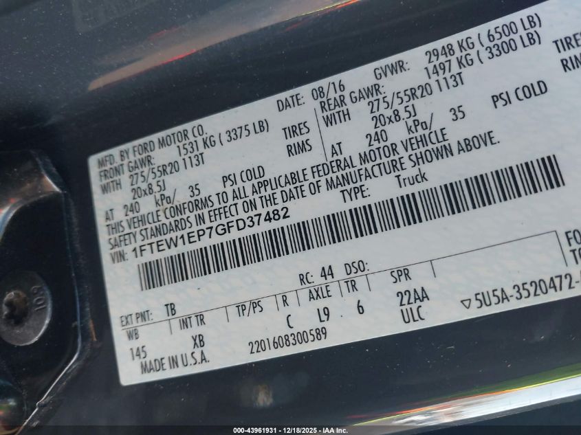 2016 Ford F-150 Xlt VIN: 1FTEW1EP7GFD37482 Lot: 43961931