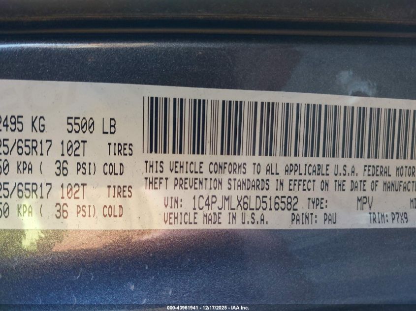 2020 Jeep Cherokee Latitude Plus 4X4 VIN: 1C4PJMLX6LD516582 Lot: 43961941