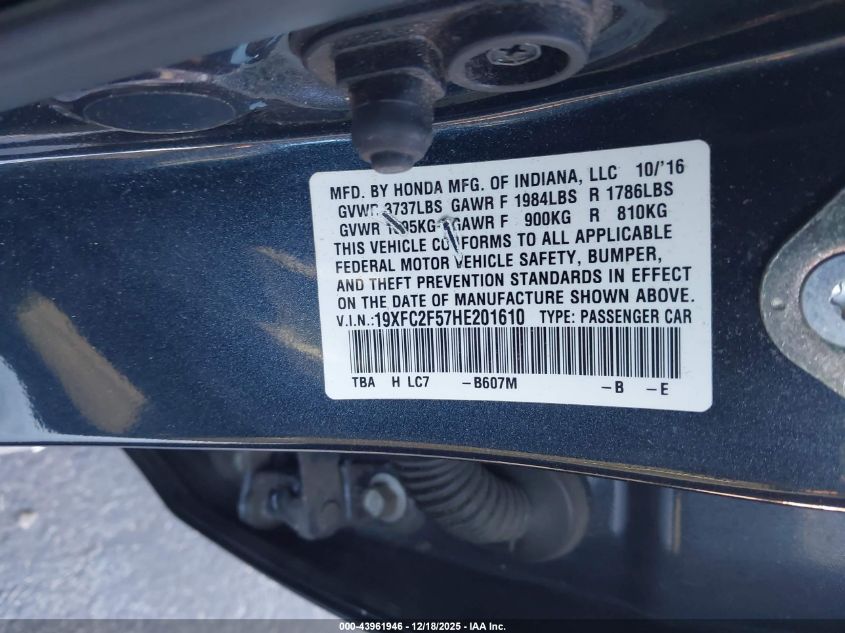 2017 Honda Civic Lx VIN: 19XFC2F57HE201610 Lot: 43961946