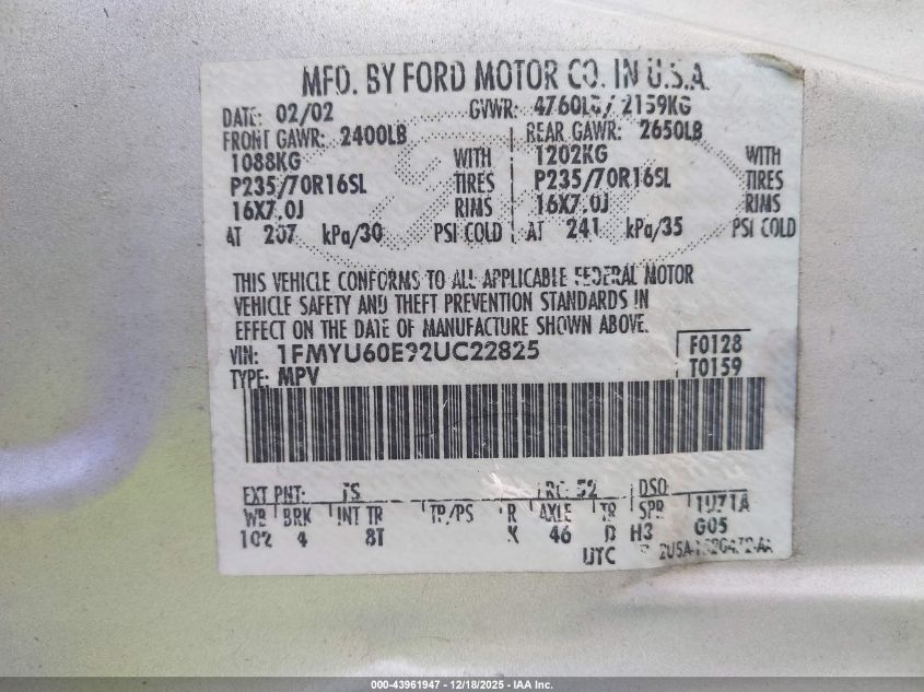 2002 Ford Explorer Sport VIN: 1FMYU60E92UC22825 Lot: 43961947