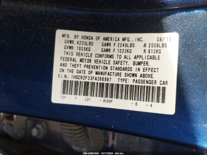 2015 Honda Accord Lx VIN: 1HGCR2F33FA266987 Lot: 43961948