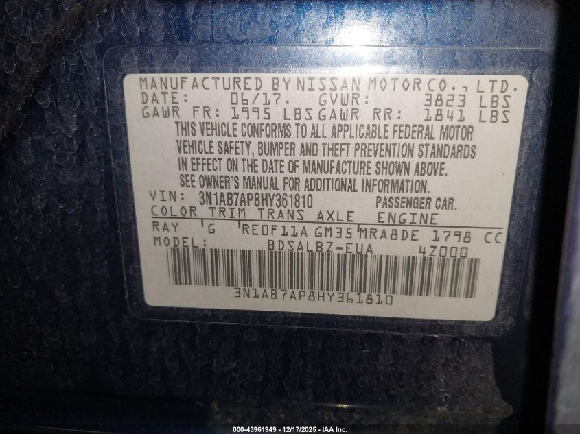 2017 Nissan Sentra S VIN: 3N1AB7AP8HY361810 Lot: 43961949