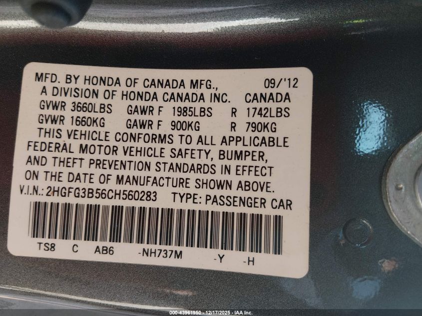 2012 Honda Civic Lx VIN: 2HGFG3B56CH560283 Lot: 43961950