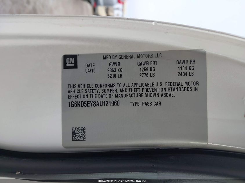 2010 Cadillac Dts Luxury Collection VIN: 1G6KD5EY8AU131960 Lot: 43961961