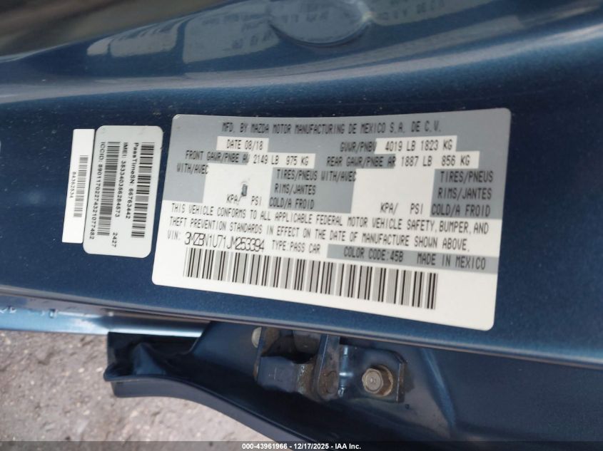 2018 Mazda Mazda3 Sport VIN: 3MZBN1U71JM253394 Lot: 43961966