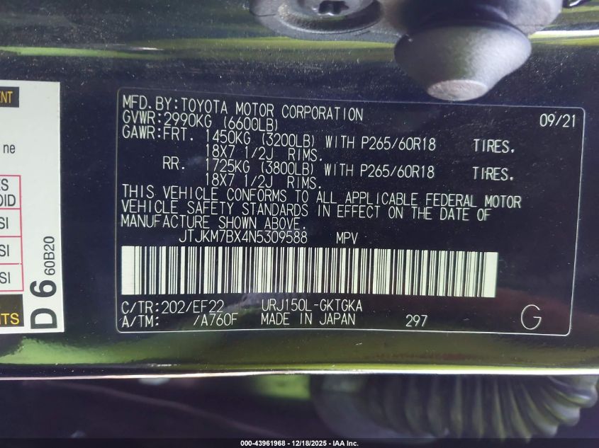 2022 Lexus Gx 460 VIN: JTJKM7BX4N5309588 Lot: 43961968