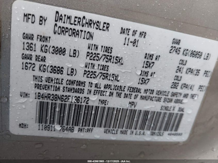 2002 Dodge Durango Sport VIN: 1B4HR38N62F136172 Lot: 43961969