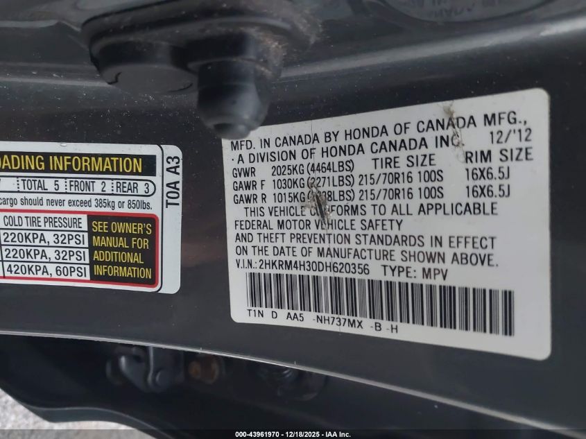 2013 Honda Cr-V Lx VIN: 2HKRM4H30DH620356 Lot: 43961970