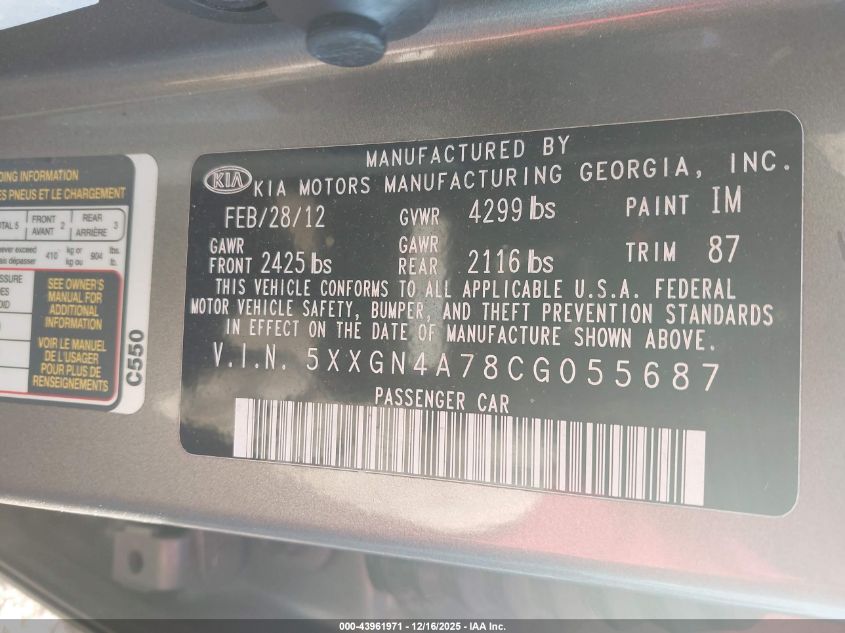 2012 Kia Optima Ex VIN: 5XXGN4A78CG055687 Lot: 43961971