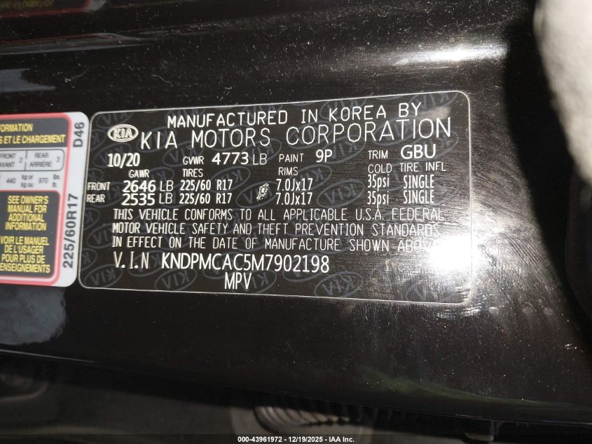2021 Kia Sportage Lx VIN: KNDPMCAC5M7902198 Lot: 43961972