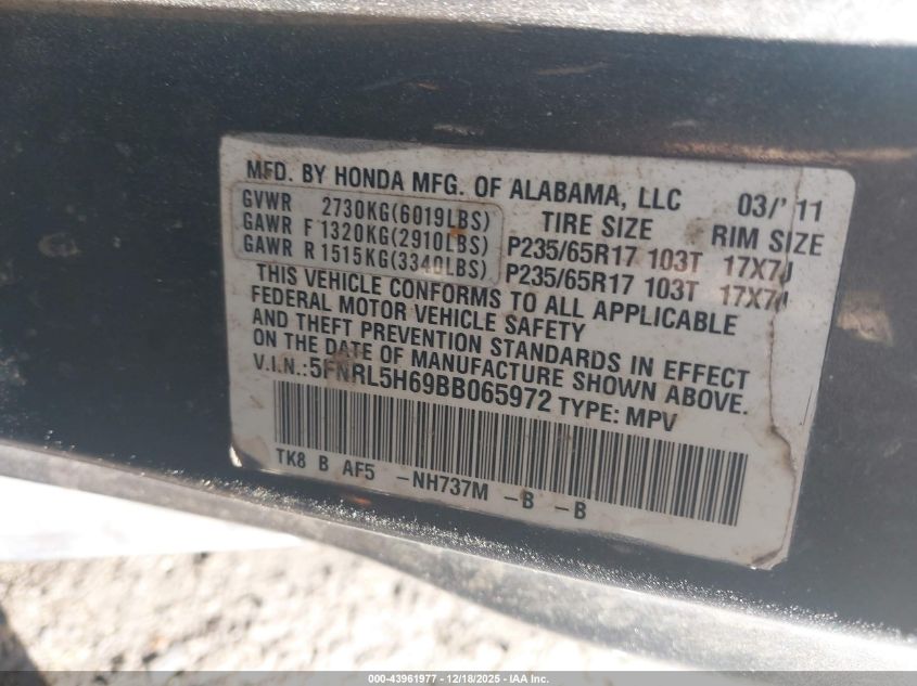 2011 Honda Odyssey Ex-L VIN: 5FNRL5H69BB065972 Lot: 43961977