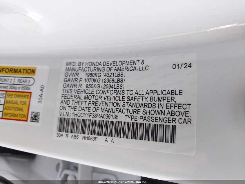 2024 Honda Accord Ex VIN: 1HGCY1F38RA036136 Lot: 43961981
