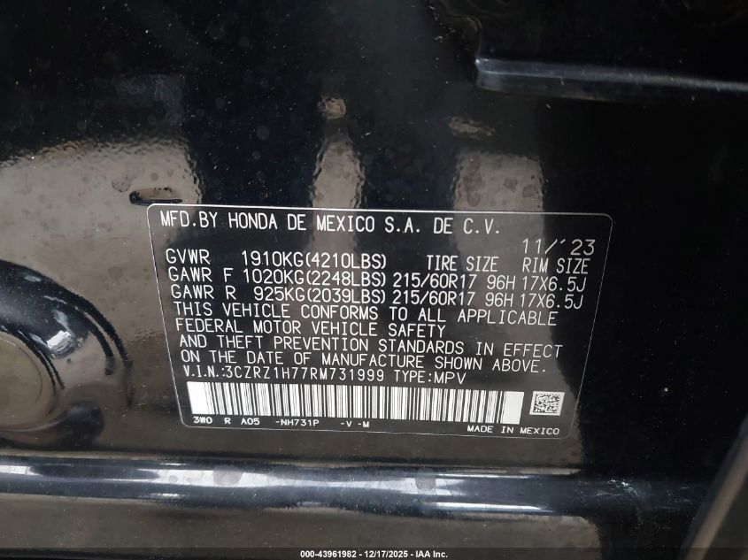 2024 Honda Hr-V 2Wd Ex-L/2Wd Ex-L W/O Bsi VIN: 3CZRZ1H77RM731999 Lot: 43961982