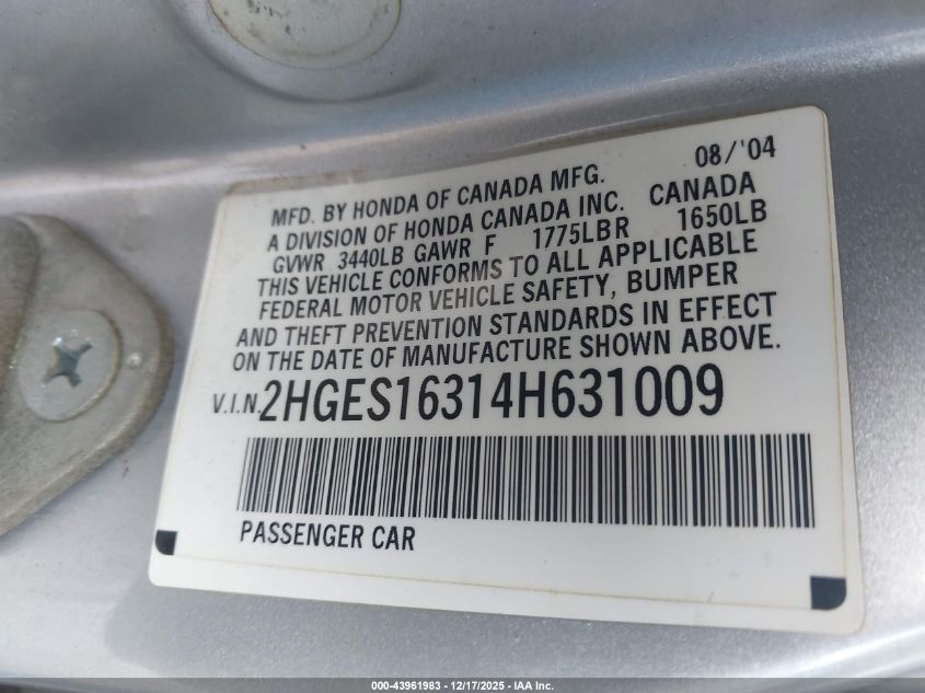 2004 Honda Civic Vp VIN: 2HGES16314H631009 Lot: 43961983