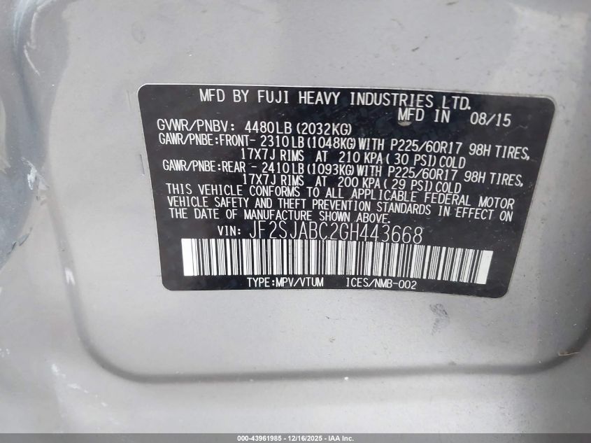 2016 Subaru Forester 2.5I VIN: JF2SJABC2GH443668 Lot: 43961985