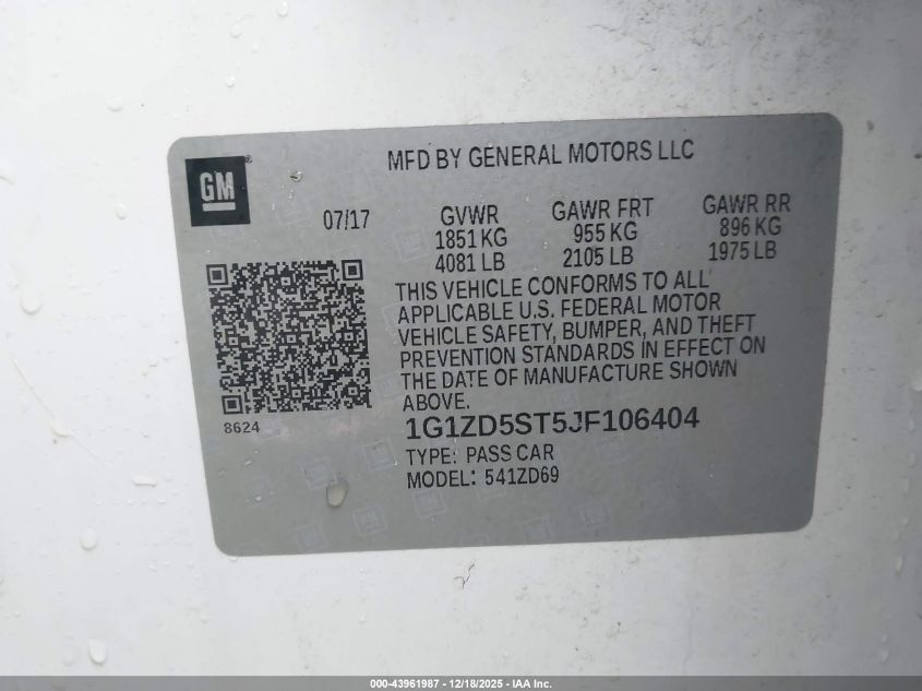 2018 Chevrolet Malibu Lt VIN: 1G1ZD5ST5JF106404 Lot: 43961987