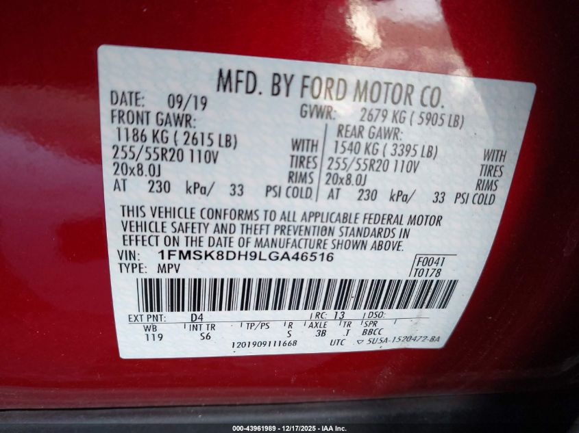 2020 Ford Explorer Xlt VIN: 1FMSK8DH9LGA46516 Lot: 43961989