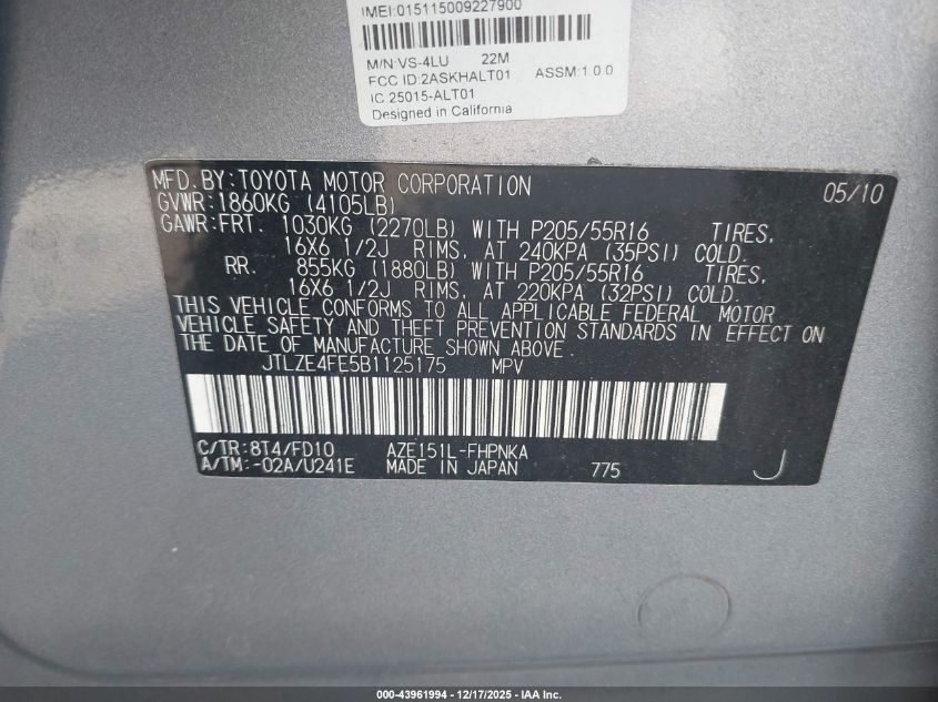 2011 Scion Xb VIN: JTLZE4FE5B1125175 Lot: 43961994