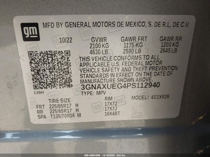 2023 Chevrolet Equinox Awd Lt VIN: 3GNAXUEG4PS112940 Lot: 43961996