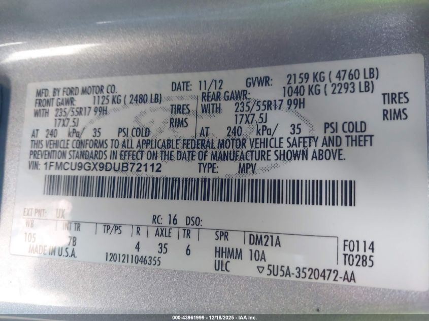 2013 Ford Escape Se VIN: 1FMCU9GX9DUB72112 Lot: 43961999