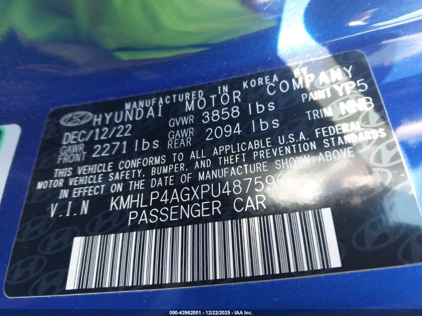 2023 Hyundai Elantra Limited VIN: KMHLP4AGXPU487590 Lot: 43962001
